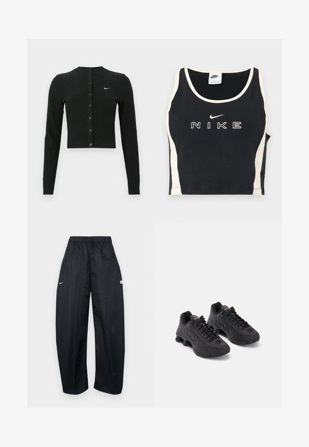 Sort ribbet cardigan med lange ærmer, cropped design, knapper foran og et lille hvidt Nike-logo på venstre side.; Sort ærmeløs crop top med hvidt kantbånd og sidepaneler, med hvid Nike-tekst og swoosh-logo centreret foran.; Sorte, løstsiddende træningsbukser lavet af let materiale. Har elastisk talje, justerbar snor og logo-accenter.; Sorte atletiske sko med en glat syntetisk overdel, teksturerede detaljer, snørebåndsdesign og synlig fjederaffjedring ved hælen.