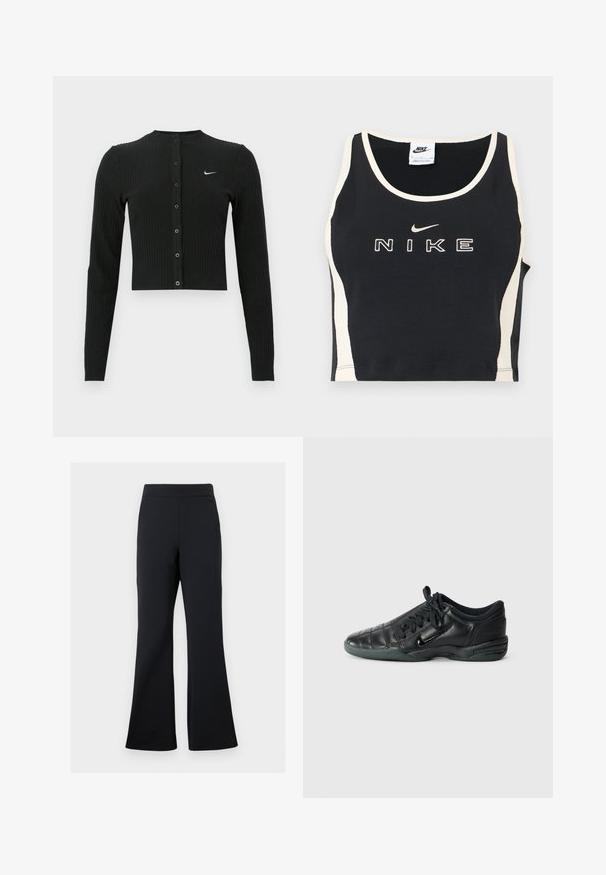 Must rippitud musta värvi pikad varrukad kardigan lühendatud lõikega, esiküljel nööbid ja vasakul pool väike valge Nike logo.; Must musta varrukateta lühike topp valge ääristuse ja küljeosadega, esiküljel keskel valge Nike tekst ja kiirkõnd logo.; Mustad laiad püksid pehmest kangast, millel on elastne vöökoht ja diskreetne küljetasku, omades siledat tekstuuri ja minimaalselt disaini.; Must musta spordijalats, millel on kohandatud õmblustega disain, ümar varvas, kinnitusköidik ja kummitald. Küljel on peen brändimine.