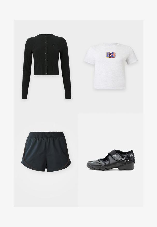 Must rippitud musta värvi pikad varrukad kardigan lühendatud lõikega, esiküljel nööbid ja vasakul pool väike valge Nike logo.; Valge lühikeste varrukatega T-särk, mille keskmes on värviline plokistiilis number 23.; Mustad mustad spordilühik, millel on soonikuga vöökoht, külgõmblused ja pruunid aktsendid, valmistatud kergest ja siledast kangast.; Must Nike Air jalanõu takjapaelaga, kaunistatud väikeste mustade lilleornamentidega külgedel ja ees.