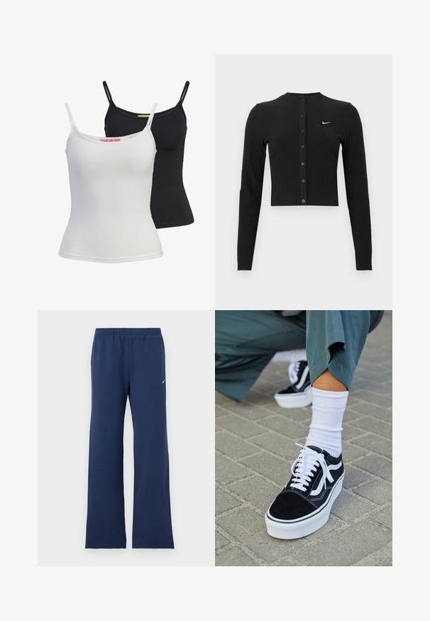 Čierny rebrovaný kardigán s dlhým rukávom, krátkym strihom, prednými gombíkmi a malým bielym logom Nike na ľavej strane.; Dve základné tielka v čiernej a bielej farbe, vyrobené z hladkej elastickej látky. Majú tenké ramienka a jednoduchý, priliehavý strih.; Tmavomodré tepláky s elastickým pásom a malým bielym logom Nike na hornej ľavej nohe, voľný rovný strih.; Čierne semišové tenisky s bielymi akcentmi a šnúrkami, s hrubou bielou podrážkou a kontrastným prešívaním, doplnené o bielu ponožku.