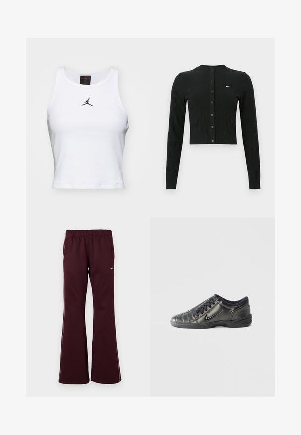 Zwarte geribbelde cardigan met lange mouwen, een cropped ontwerp, knopen aan de voorkant en een klein wit Nike-logo aan de linkerkant.; Witte crop tanktop van katoen met een ribbeltextuur. Beschikt over een zwart Jordan-logo in het midden en een klassieke ronde hals.; Bordeaux athletische broek met een uitlopende ontwerp, elastische tailleband en zijzakken. Heeft witte bies en een klein logo aan de voorkant.; Zwarte lage Nike sneaker met veters, gestikte details en een gestructureerde zool tegen een eenvoudige witte achtergrond.