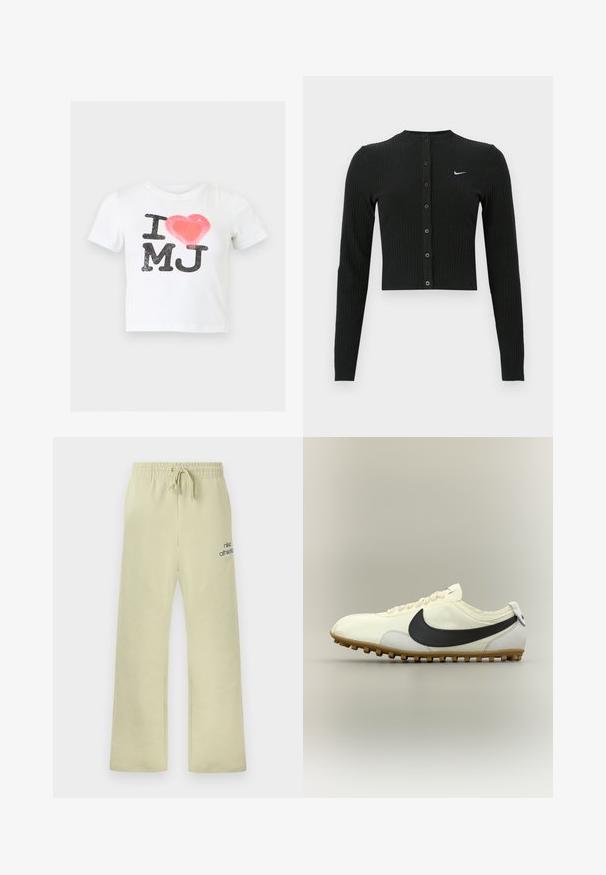 Cardigan noir côtelé à manches longues avec une coupe courte, des boutons sur le devant et un petit logo Nike blanc sur le côté gauche.; Chemise blanche à manches courtes avec les lettres noires "I" et "MJ" et un cœur rouge entre elles sur le devant.; Pantalon de survêtement beige Nike avec ceinture élastique, cordon de serrage, coupe ample, et le texte "nike athletics" avec le logo swoosh sur la cuisse gauche.; Chaussure de sport basse blanche avec le Swoosh Nike noir, semelle en gomme et lacets blancs, présentée sur un fond neutre en vue latérale.
