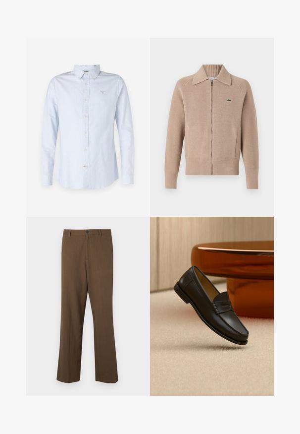 Lacoste Vest - viennese; Lichtblauw lang sleevenshirt met een button-down kraag, geweven stof, frontale knoopsluiting en klein geborduurd logo op de borst.; Bruine, rechte broek gemaakt van gestructureerde stof, met een knoopsluiting en standaard tailleband, zijzakken en tailleurnaden.; Zwarte leren loaferschoen zwevend boven een beige tapijt met amberkleurige moderne meubels op de achtergrond.