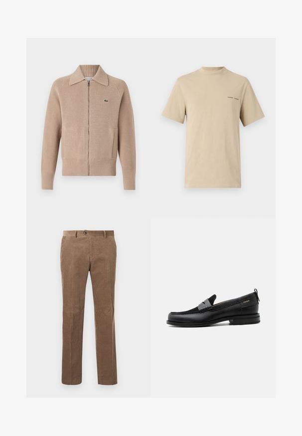 Lacoste Chaqueta de punto - viennese; Camiseta de algodón beige con escote redondeado y mangas cortas. Presenta un discreto logotipo en texto negro "SAMSOE" en el pecho.; Pantalones de pana marrones con textura de ribete vertical, diseño de pierna recta, cierre de un solo botón y dos bolsillos frontales.; Mocasín de cuero negro con detalle de tira gris, tacón bajo y suela texturizada, con la marca "HUGO" en oro en el lateral.