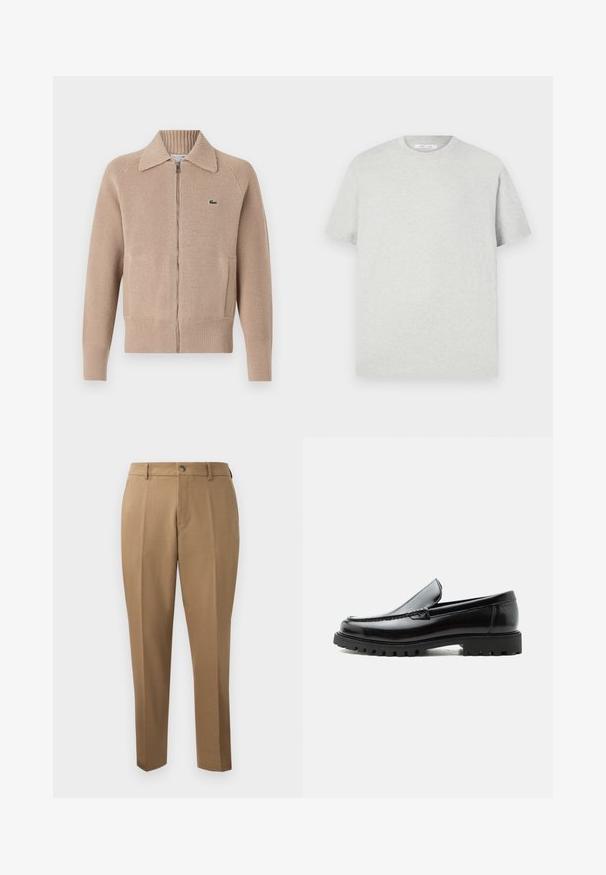 Lacoste Chaqueta de punto - viennese; Camiseta de manga corta gris claro hecha de material suave, con cuello redondo y un corte relajado, sin patrones ni acentos visibles.; Pantalones marrones a medida con corte recto, pinzas simples, trabillas para cinturón y cierre frontal con botón. Tela suave con una textura mate.; Mocasín de cuero negro con suela de goma gruesa, empeine cosido y nombre de la marca en relieve en el talón, mostrado en perfil lateral sobre fondo blanco.