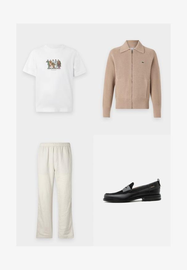 Lacoste Vest - viennese; Witte T-shirt met illustratie van vijf diverse mannen in pakken die zelfverzekerd naast elkaar lopen, met aktetassen en telefoons in de hand.; Beige lichtgewicht linnen broek met elastische tailleband, rechte pijpen en geen zichtbare zakken of sluitingen.; Zwarte leren loafer met grijs riemdetailelement, lage hak en gestructureerde zool, aan de zijkant gebrandmerkt met "HUGO" in goud.