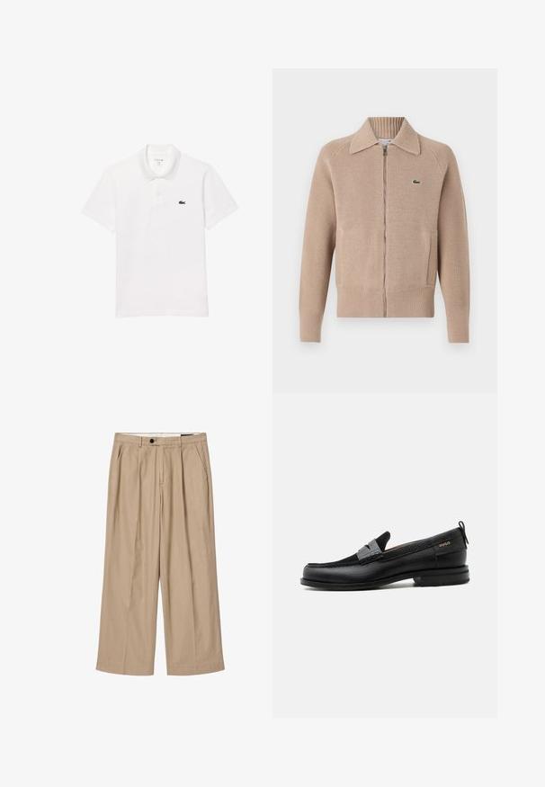Lacoste Chaqueta de punto - viennese; Camisa polo blanca de algodón, con un cuello estándar, mangas cortas y un pequeño logo en azul marino en el lado izquierdo del pecho.; Pantalones anchos beige con pliegues delanteros, bolsillos laterales, presillas para cinturón y cierre con botón negro en la cintura.; Mocasín de cuero negro con detalle de tira gris, tacón bajo y suela texturizada, con la marca "HUGO" en oro en el lateral.