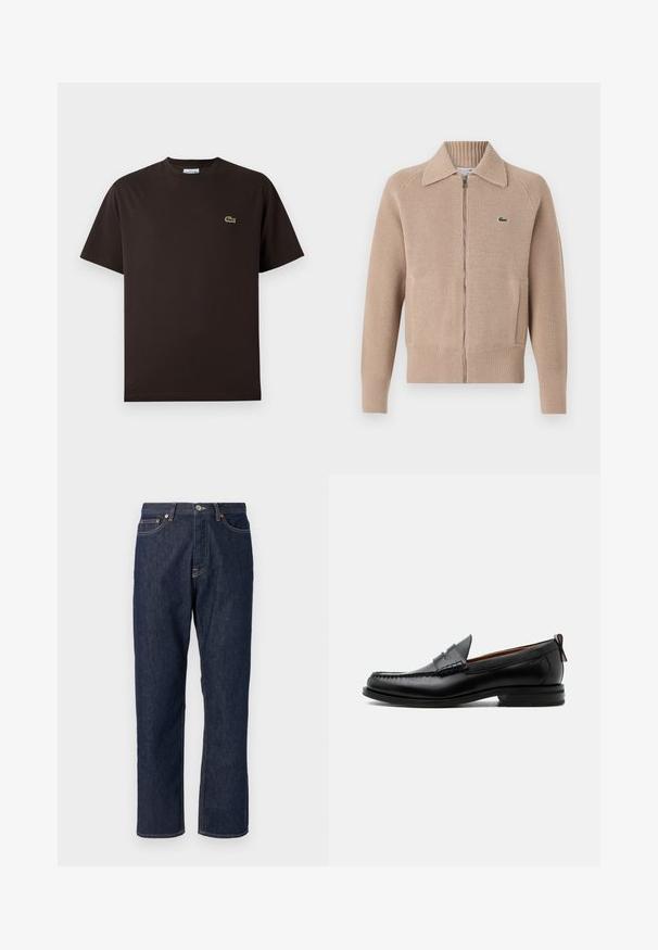 Lacoste Vest - viennese; Bruine T-shirt met korte mouwen van katoen. Heeft een subtiele groene geborduurde krokodillogo op de linkerborst. Klassiek ontwerp met ronde hals.; Donkerblauwe denim jeans met een rechte pijpdesign. Beschikt over een knoop- en ritssluiting, vijf zakken en contrasterende stikdetails.; Zwarte leren herensloffen met moc toe stiksel, pennyriem, gestructureerde kraag en lage gestapelde hak op witte achtergrond.