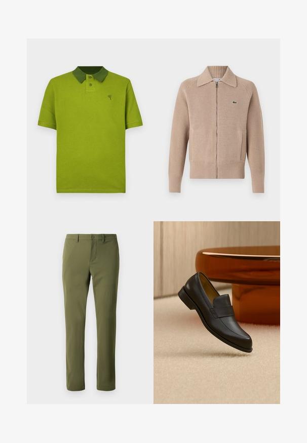 Lacoste Vest - viennese; Groen gestructureerd poloshirt met een contrasterende donkere groene kraag, een knoopsluiting met twee knopen en een klein logo op de borst.; Olijfgroene broek van gladde stof met een rechte snit, voorzien van een knoopsluiting en riemlussen. Geen zichtbare patronen of accenten.; Zwarte leren loafer met lage hak zwevend boven een beige tapijt dichtbij een ronde bruine tafel.