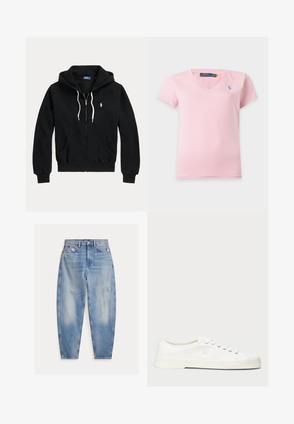 Čierna mikina na zips s kapucňou a bielymi šnúrkami, predné vrecká, rebrované manžety a malé biele logo Polo Ralph Lauren na ľavej strane hrudníka.; Světloružové tričko s krátkym rukávom a výstrihom do V s malým modrým vyšívaným logom na ľavej strane hrudníka a štítkom Polo Ralph Lauren vo vnútri goliera.; Svetlomodré džínsy s vysokým pásom, mierne vyblednuté a opotrebované pri predných vreckách, päť vrecový štýl a zužujúce sa nohavice.; Biele plátěné tenisky s okrúhlou špičkou, viazaním na šnúrky a diskrétnym logom. Majú štruktúrovanú textíliu a gumovú podrážku.