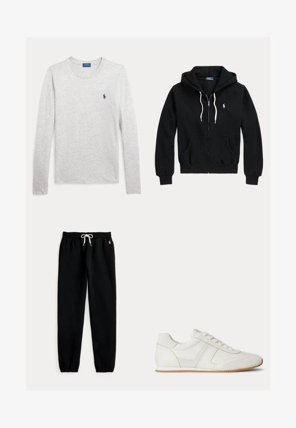 Sudadera negra con cremallera, cordones blancos, bolsillos delanteros, puños acanalados y un pequeño logo blanco de Polo Ralph Lauren en el lado izquierdo del pecho.; Camisa de manga larga gris clara con cuello redondo y pequeño logotipo de Polo Ralph Lauren en azul marino bordado en el pecho izquierdo.; Pantalones jogger negros con cintura elástica y cordón blanco, puños elásticos y pequeño logo blanco de caballo en la cadera izquierda.; Zapatilla blanca de corte bajo con cordones en la parte frontal, paneles de ante y cuero, y una suela de goma marrón claro sobre un fondo blanco.
