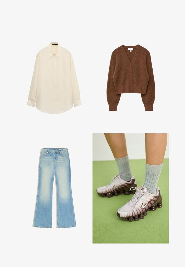 Cardigan court marron en matériau doux et duveteux, avec un décolleté en V profond, des manches longues et des poignets et un ourlet côtelés.; Chemise boutonnée à manches longues de couleur crème avec col pointu et patte de boutonnage cachée, posée à plat sur un fond blanc.; Jean en denim bleu clair avec une coupe évasée, taille mi-haute, style cinq poches et décoloration subtile sur les jambes.; Baskets Nike en rose clair et marron, présentant un dessus texturé, un design superposé et une semelle extérieure amortissante avec des unités d'air visibles.