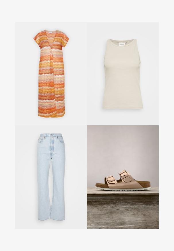 Oranžovo-žltý kaftan so vzorom, s výstrihom do V, krátkymi rukávmi a voľným strihom. Vyrobený z ľahkej, textúrovanej tkaniny.; Svetlo béžový top bez rukávov vyrobený z rebrovanej látky s okrúhlym výstrihom. Obsahuje nenápadnú značkovú nálepku vo vnútri.; Svetlo modré džíny s vysokým pásom a rozšírenými nohavicami, vyrobené z denimu s vyblednutou textúrou. Obsahujú päť vreciek a kovové detaily.; Ružovo-zlaté šľapky s dvoma nastaviteľnými kovovými prackami, korkovým stielka a bielou gumovou podrážkou. Hladký kovový povrch, otvorený dizajn na prstoch.