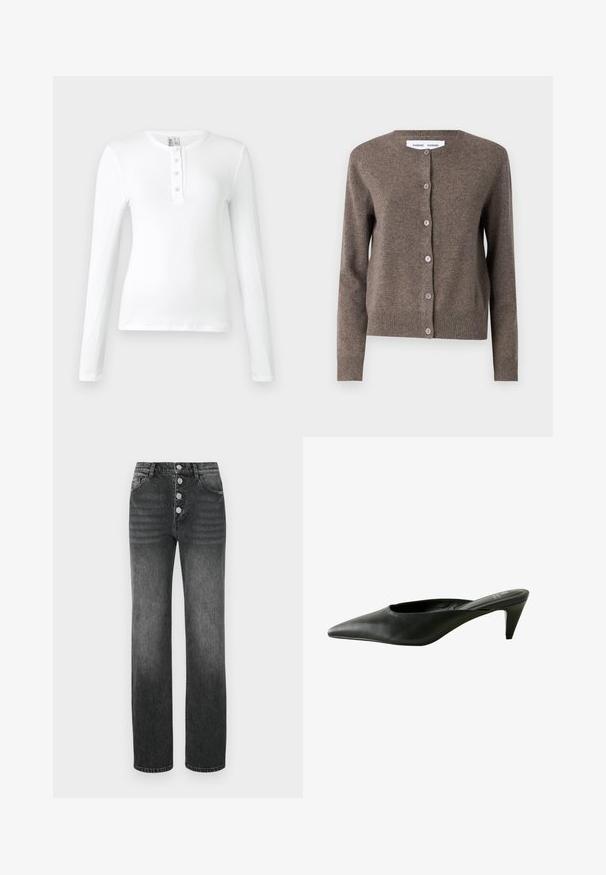 Samsøe Samsøe Kardigan - grey blue mel.; Valge pika varrukaga ribadega topp, millel on henley kaelus ja kolm nuppu. Sile tekstuur ja lähedaselt istev disain.; Kõrge vöökohaga mustad teksad sirge säärega, viie taskuga disain ja viis metallist nuppualuksl. Veidi pleekinud denimkangas.; Mustad nahast avatud varvastega muulad, terava toe ja keskmise kandega, sujuva tekstuuriga. Lihtne, elegantselt disain, ilma nähtavate kaunistusteta.