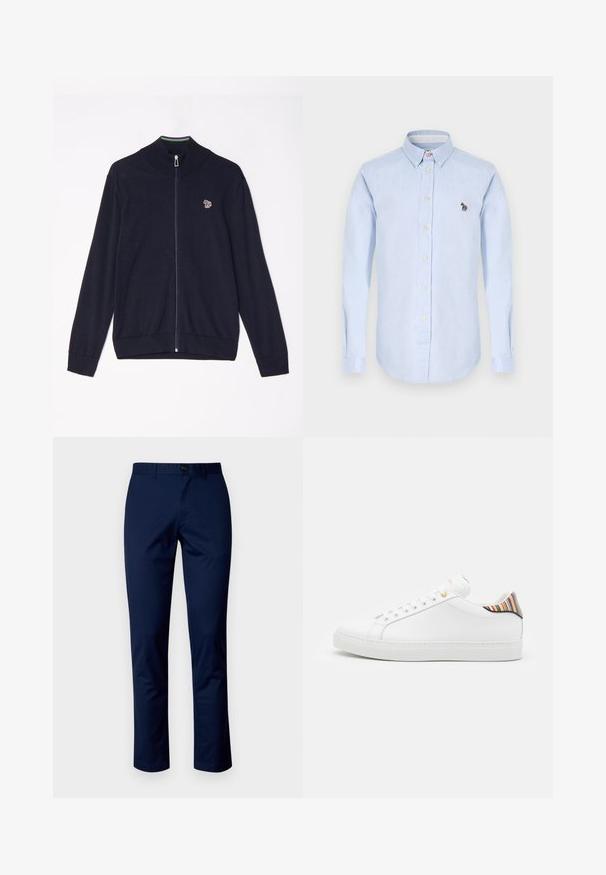 Marineblå zip-sweater med høj krave, lange ærmer, ribbede manchetter og et lille broderet design på brystet. Glat strikket tekstur.; Lysblå skjorte med lange ærmer, krave, frontknapper og en lille broderet zebra detalje på brystet.; Mørkeblå bomuldsbukser med et lige ben design, der har en frontknaplukning, bæltestropper og rene sømme. Glat tekstur uden mønstre.; Hvide lædersneakers med en glat overflade, prydet med en farverig stribet detalje på hælen, guldøje og flad hvid sål.