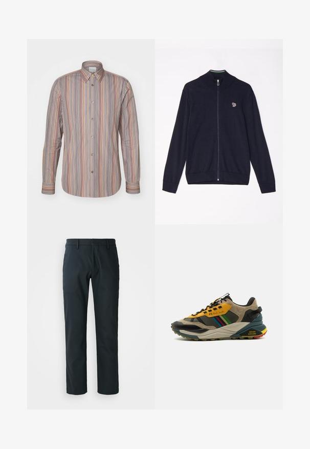 Marineblå zip-sweater med høj krave, lange ærmer, ribbede manchetter og et lille broderet design på brystet. Glat strikket tekstur.; Stribet skjorte med knap i forskellige farver. Lange ærmer, klassisk krave og en glat tekstur.; Sorte, lige bukser lavet af glat stof; har bæltestropper og flad frontdesign. Side lommer inkluderet.; Multifarvede sneakers med en blanding af suede og mesh-materialer, i en gul og sort farveskema, strukturerede såler og sideaccenter.