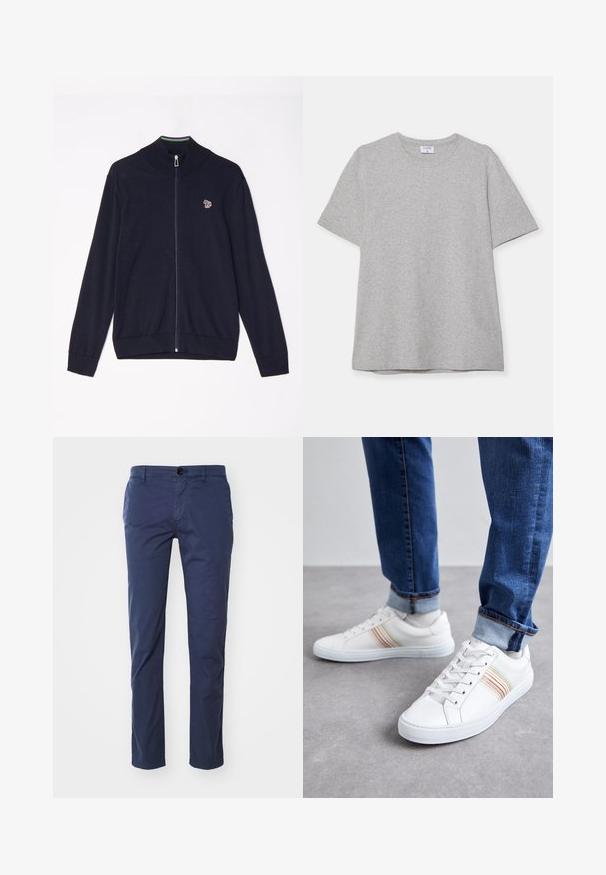 Marineblå zip-sweater med høj krave, lange ærmer, ribbede manchetter og et lille broderet design på brystet. Glat strikket tekstur.; Grå kortærmet T-shirt lavet af blødt, struktureret stof. Har en klassisk rund hals og en lige kant, velegnet til afslappet brug.; Mørkeblå bomulds chinos med lige bendesign, der har en enkelt knaplukning foran og sidelommer. Glat tekstur, klassisk pasform.; Hvide lædersneakers med multicolore striber, snørebåndsdesign, gummisål og polstret krave, parret med blå denimjeans.