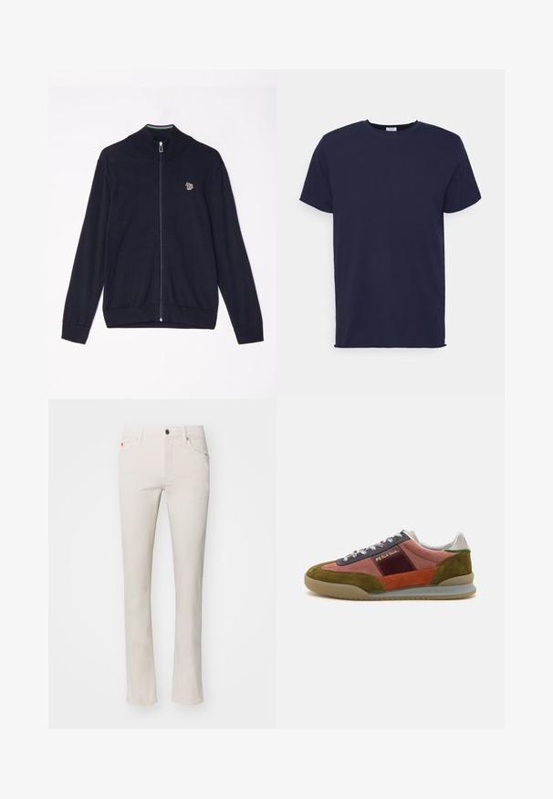 Marine blauwe zip-up trui met hoge kraag, lange mouwen, geribde boorden en een kleine geborduurde afbeelding op de borst. Gladde gebreide textuur.; Navyblauwe T-shirt met korte mouwen van zachte stof. Heeft een ronde hals en een rechte snit zonder patronen of accenten.; Beige straight-leg jeans gemaakt van een katoenmix. Voorzien van een traditionele vijfzakkenontwerp en een metalen knoopsluiting bij de taille.; PS Paul Smith DOVER - Sneakers laag - pink