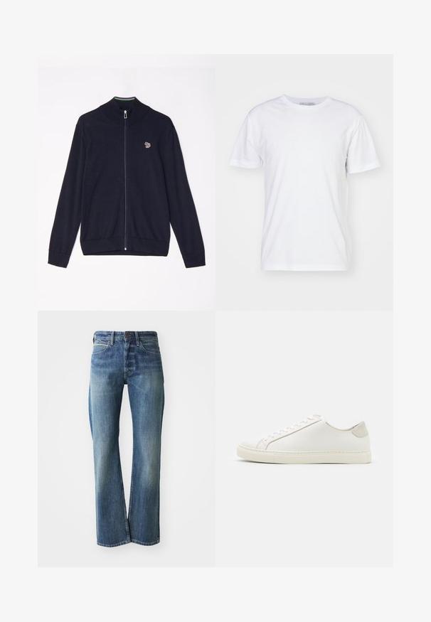 Marine blauwe zip-up trui met hoge kraag, lange mouwen, geribde boorden en een kleine geborduurde afbeelding op de borst. Gladde gebreide textuur.; Witte katoenen T-shirt met een ronde hals, korte mouwen en een rechte snit. Geen patronen of versieringen, gladde textuur en eenvoudig ontwerp.; Denim jeans in een licht tot gemiddeld blauwe kleur, met een recht gesneden pijp, klassiek vijf-pocket ontwerp en subtiele vervaging aan de voorkant.; Witte leren sneaker met een gladde oppervlakte, ronde neus en minimalistisch ontwerp. Heeft beige accenten op de hiel en een rubberen zool.