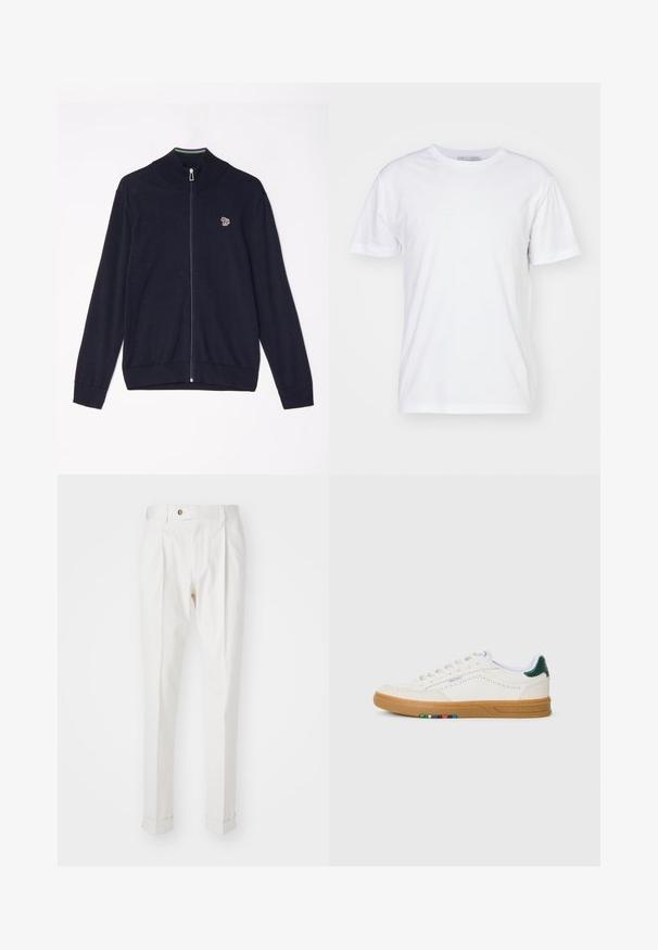 Marineblå zip-sweater med høj krave, lange ærmer, ribbede manchetter og et lille broderet design på brystet. Glat strikket tekstur.; Hvid bomulds t-shirt med rund halsudskæring, korte ærmer og lige snit. Ingen mønstre eller udsmykninger, glat tekstur og enkel design.; Hvide, skræddersyede bukser med flad front, to folder og opretterede manchetter. Fremstillet af et glat stof med en knaplukning i taljen.; Hvide lædersneakers med perfereret design, gummisul, grøn hælaccent og farverig stribe detalje på siden.
