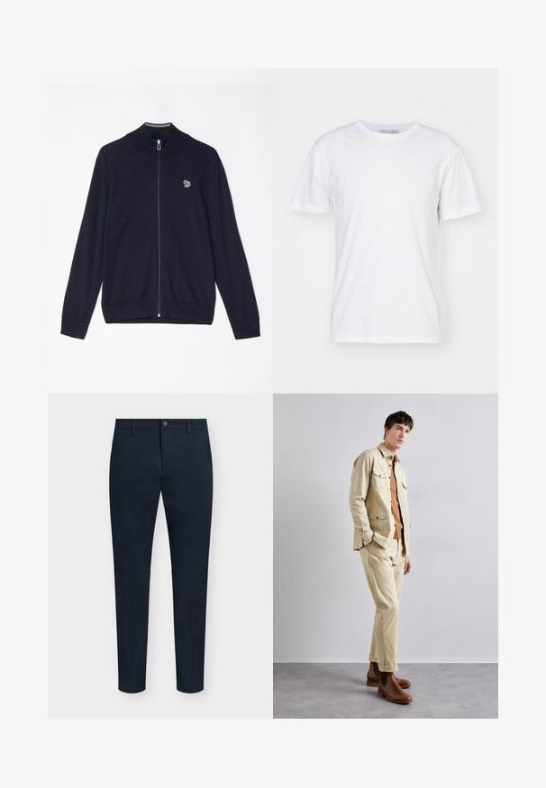 Sudadera de punto navy con cremallera y alto cuello, mangas largas, puños acanalados y un pequeño diseño bordado en el pecho. Textura de tejido suave.; Camiseta de algodón blanca con escote redondo, mangas cortas y corte recto. Sin patrones ni adornos, textura suave y diseño sencillo.; Pantalones de hombre azul marino de corte slim con cierre frontal de botón y cremallera, trabillas para cinturón y diseño minimalista.; Chaqueta de algodón beige con dos bolsillos en el pecho, sobre una camisa marrón y pantalones beige a juego. Botas de cuero marrón hasta el tobillo completan el atuendo.