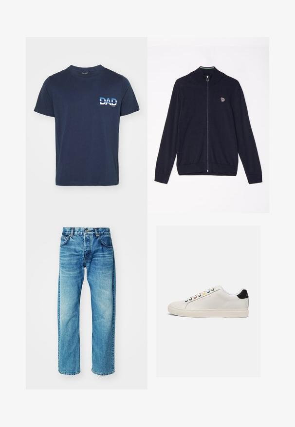 Marineblå zip-sweater med høj krave, lange ærmer, ribbede manchetter og et lille broderet design på brystet. Glat strikket tekstur.; Mørkeblå bomulds T-shirt med korte ærmer. Har en hvid grafisk tekst "DAD" på venstre side, i fed skrift. Enkel og afslappet design.; Blå denimjeans med en afslappet pasform, der har fem lommer, en knaplukning og en subtil falming med en let, frayed kant.; Hvide lædersneakers med en let afrundet tå, flad sål, multikolorede snørehuller, sort hælflap og præget logo på siden.