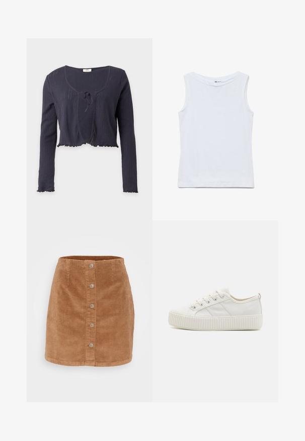 Navy blauwe geribde cropped cardigan met lange mouwen, een ronde halslijn, een vooraan te strikken sluiting en gerimpelde randen aan mouwen en zoom.; Mouwloze witte katoenen top met een brede ronde hals en rechte zoom, plat uitgestald op een witte achtergrond.; Korte corduroy rok in lichtbruin met een knoopsluiting aan de voorkant, zeven silvertint knopen en een gestructureerde, ribbelstof.; Witte canvas sneakers met een gestructureerde rubberen zool, ronde neus en vetersluiting met drie zijstrepen.