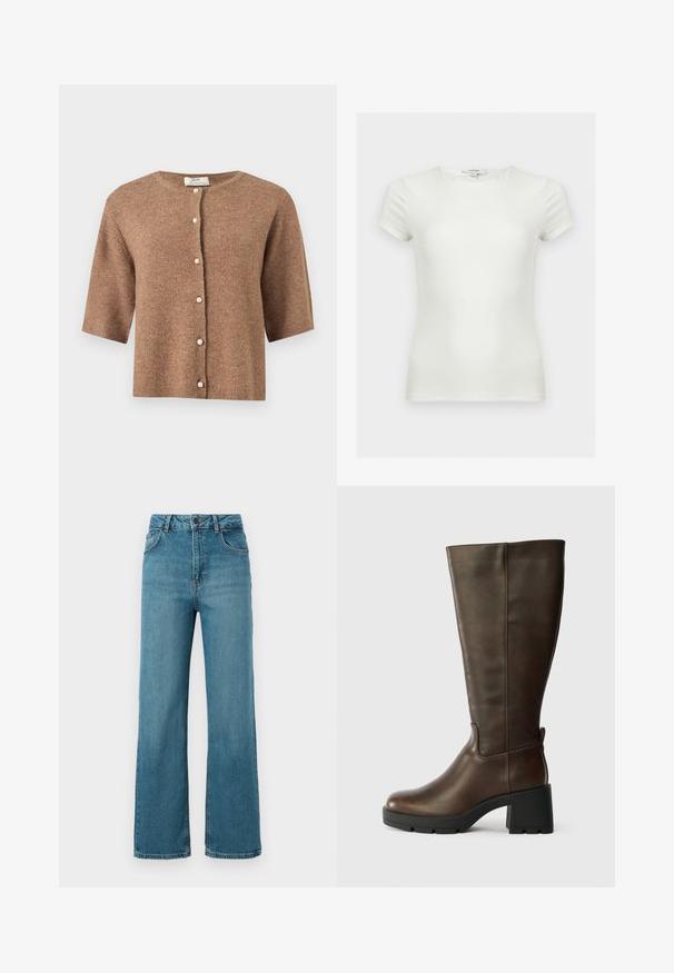 Cardigan marron à manches courtes en maille, avec un col rond et six boutons semblables à des perles sur le devant.; T-shirt ajusté blanc uni à manches courtes avec encolure ronde, présenté sur un fond neutre.; Jean en denim bleu taille haute avec fermeture par boutons, poches avant et jambes larges et droites sur fond blanc.; Bottine en cuir marron jusqu'au genou avec un talon épais noir et une finition texturée. Présente un bout rond et des détails de couture latérale subtils.