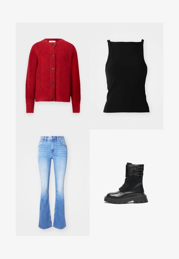 Rød strikket cardigan med rund halsudskæring, lange ærmer og seks sorte knapper foran. Blød struktur med en let løs pasform.; Sort ribbet tanktop med en tætsiddende silhuet, som har brede stropper og en cropped kant. Glat tekstur, enkelt design, ingen mønstre eller accenter.; Lyseblå jeans med høj talje og vide ben, femlommet stil, knaplukning foran og diskret falming på lår og knæ.; Sorte læder ankelstøvler med rund tå, snørebånd fortil, dobbelte spænder på kraven og en tyk, mønstret sål.