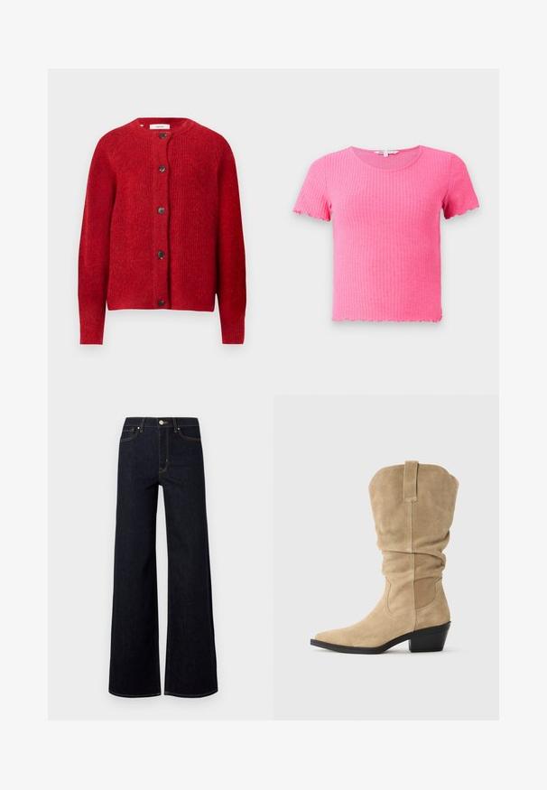 Rød strikket cardigan med rund halsudskæring, lange ærmer og seks sorte knapper foran. Blød struktur med en let løs pasform.; Lyserød ribbet t-shirt med korte ærmer, rund halsudskæring og bølgede kanter, lavet af et blødt, strækbart materiale.; Mørkeblå brede jeans lavet af denim, med høj talje, kontraststing og en enkelt metalknap foran.; Beige ruskinds cowboy støvle med slaskede skaft, spids tå og block heel. Glat tekstur med minimal søm og en bageste trækstrop detalje.