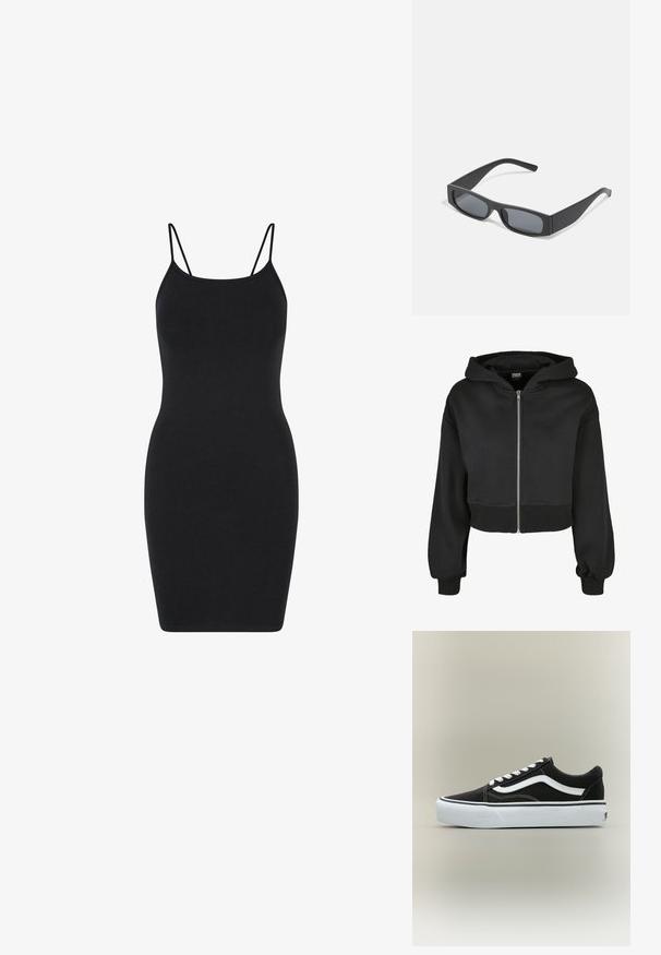 Zwarte crop hoodie met lange mouwen, een ritssluiting aan de voorkant en een capuchon met trekkoord. Gemaakt van een zachte stof met geribde manchetten en zoom.; Zwart mouwloos jurk met dunne bandjes, aansluitend ontwerp, gemaakt van gladde stof, knielang met een eenvoudige, onversierde stijl.; Lage zwarte sneaker met witte zijstreep, witte veters, witte rubberen zool en gestructureerde neus op een neutrale achtergrond.; Zwarte rechthoekige zonnebril met donkere lenzen en dikke matte monturen. De zijstukken zijn licht taps toelopend met een gladde textuur.