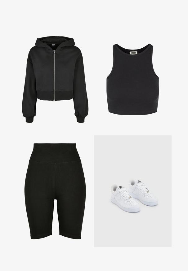 Haut noir court avec manches longues, fermeture éclair sur le devant et capuche à cordon. Fabriqué dans un matériau doux avec des poignets et un ourlet côtelés.; Crop top noir côtelé avec un design sans manches. Caractérisé par un col rond et une texture lisse. Étiquette visible à l'intérieur du col.; Shorts de vélo taille haute noirs en tissu extensible, avec une texture lisse et un ourlet piqué, conçus pour le confort et la liberté de mouvement.; Baskets Nike Air Force 1 blanches avec une tige en cuir lisse, un embout perforé, des lacets blancs et un logo noir sur la languette.