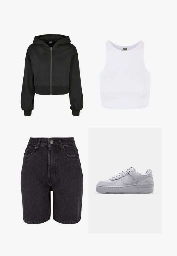 Schwarze, kurz geschnittene Kapuzenpullover mit langen Ärmeln, Frontreißverschluss und Kordelzugkapuze. Hergestellt aus weichem Material mit gerippten Bündchen und Saum.; Weißes, geripptes, kurzes Tanktop mit breiten Trägern und einem runden Ausschnitt. Hat eine weiche Textur und ein minimalistisches Design ohne Muster.; Schwarze Denim-Shorts mit hoher Taille, Fünf-Taschen-Design und Metallknopfverschluss. Der Stoff hat eine glatte Textur mit dezentem Verblassen.; Graue Nike Air Force 1 Sneaker mit perforierter Zehenpartie, Obermaterial aus glattem Leder, dicker Sohle und geprägtem 'AIR'-Detail an der Ferse.