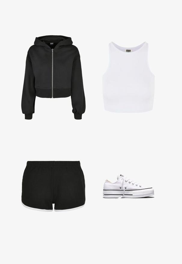 Zwarte crop hoodie met lange mouwen, een ritssluiting aan de voorkant en een capuchon met trekkoord. Gemaakt van een zachte stof met geribde manchetten en zoom.; Witte geribbelde crop tanktop met brede schouderbanden en een ronde halslijn. Beschikt over een zachte textuur en een minimalistisch ontwerp zonder patronen.; Zwarte sportshorts van een textuurstof, met een witte biezing langs de beenopeningen en een elastische tailleband voor comfort.; Witte lage canvas sneaker met witte veters, zwarte strepen op de zool en een rubberen, getextureerde neuskap, zijaanzicht op een witte achtergrond.