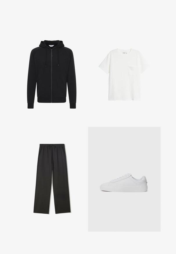 Haut à capuche zippé noir avec une texture lisse, capuche ajustable, coutures angulaires et poches latérales. Comprend des poignets et un ourlet côtelés.; T-shirt blanc à manches courtes avec col rond et une poche poitrine unique, présenté sur un fond uni.; Pantalon à taille élastique noire avec cordon de serrage et poches latérales, présentant une coupe décontractée et des jambes droites.; Baskets basses blanches en cuir lisse, avec un bout arrondi, des lacets plats et une semelle en caoutchouc texturée. Design minimaliste sans marquage visible.