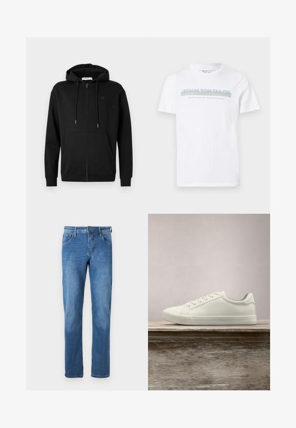 Zwarte zip-up hoodie met voorzakken, verstelbare trekkoordcapuchon en subtiel logo op de linkerkant van de borst tegen een effen witte achtergrond.; Witte katoenen T-shirt met een ronde hals, korte mouwen en een blauw grafisch tekstontwerp met de tekst "DENIM TOM TAILOR opgericht 2007."; Denim jeans in medium blue met een rechte snit. Voorzien van vijf zakken, een knoopsluiting en zichtbare stikseldetails langs de naden.; Witte vetersneaker die boven een houten bank zweeft met groene bladeren op de achtergrond, waarbij het ontwerp en de textuur van de schoen worden getoond.