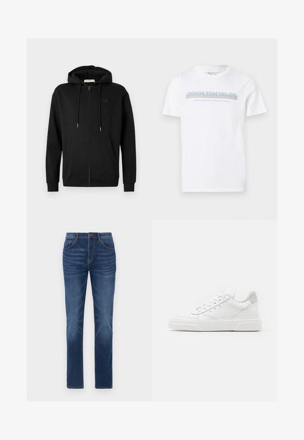 Sort zip-up hoodie med frontlommer, justerbar snøre i hætten og diskret logo på venstre bryst mod en ensfarvet hvid baggrund.; Hvid bomulds T-shirt med rund halsudskæring, korte ærmer og et blåt grafisk tekstdesign, der siger "DENIM TOM TAILOR etableret 2007."; Mørkeblå denimjeans med en klassisk lige pasform, fem-lomme design og let falmede detaljer på benene. Har knap- og lynlåslukning.; Hvide lædersneakers med en glat finish, rund tå, flade snørebånd og en struktureret sål. Grå ruskindsdetalje ved hælen.