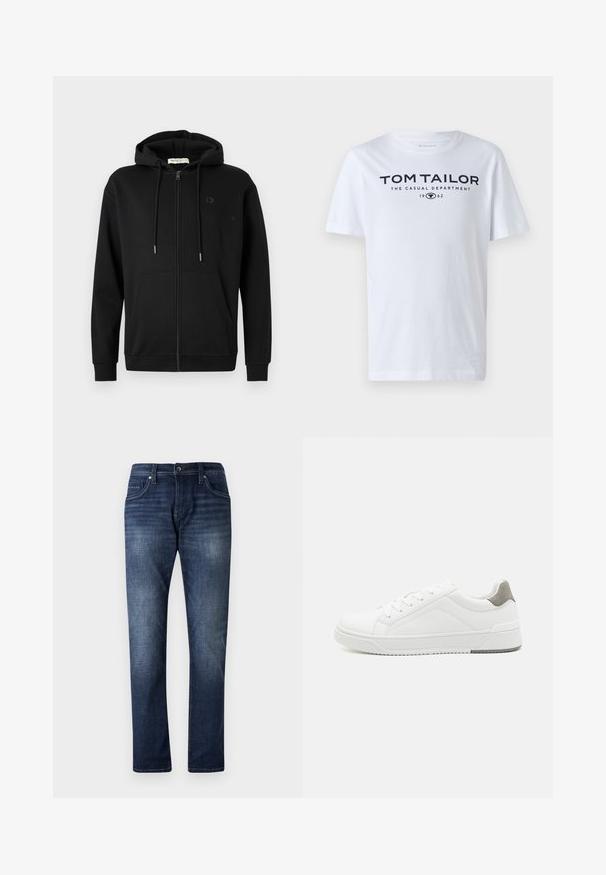 Sort zip-up hoodie med frontlommer, justerbar snøre i hætten og diskret logo på venstre bryst mod en ensfarvet hvid baggrund.; Hvid bomulds t-shirt med rund hals, korte ærmer og navy tekst, der læser "TOM TAILOR THE CASUAL DEPARTMENT 1962."; Mørkeblå denimjeans med lige ben design, der har en falmet vask, fem lommer og synlige stikninger langs sømmene.; Hvid sneaker lavet af glat læder, rund tå, minimalistisk design, grå hælafsats og tekstureret gummisål.