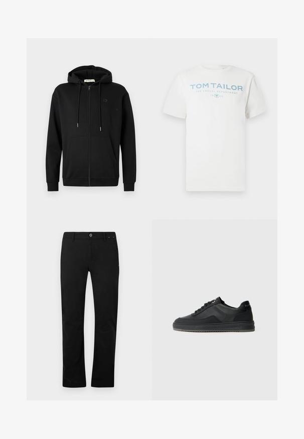 Haut zippé noir avec poches avant, capuche ajustable à cordon et logo subtil sur le côté gauche de la poitrine, sur fond blanc uni.; T-shirt en coton blanc avec un imprimé bleu clair indiquant "TOM TAILOR", "THE CASUAL DEPARTMENT" et "1962". Col rond classique et manches courtes.; Pantalons noirs à jambe droite avec fermeture à bouton et fermeture éclair, passants de ceinture et poches latérales, présentés sur un fond blanc.; Baskets noires avec un dessus en cuir lisse, des accents texturés, des lacets plats et une semelle en caoutchouc présentant un motif de bande en zigzag.