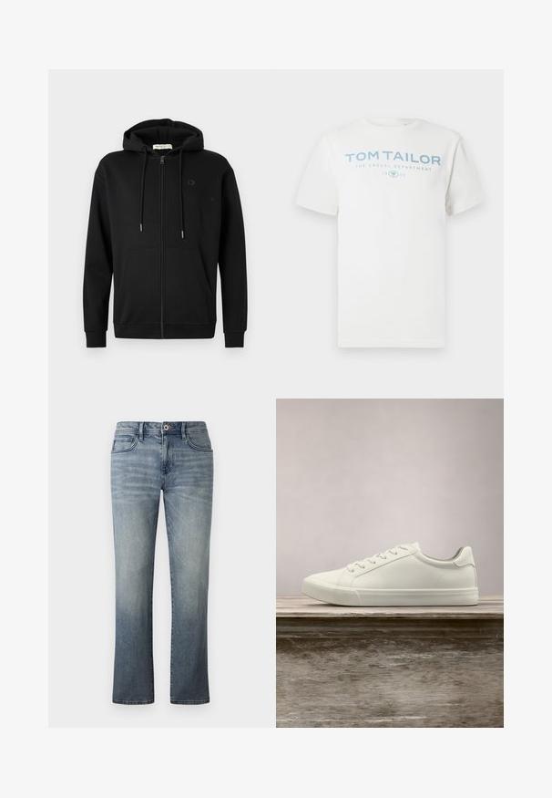 Sort zip-up hoodie med frontlommer, justerbar snøre i hætten og diskret logo på venstre bryst mod en ensfarvet hvid baggrund.; Hvid bomulds-T-shirt med et lyseblåt print med teksten "TOM TAILOR," "THE CASUAL DEPARTMENT" og "1962." Klassisk rund halsudskæring og korte ærmer.; Lysvasket denimbukser med lige ben, fem-lomme stil, metalknaplukning og subtile falmede detaljer.; Hvide snørresneakers svævende over en træbænk med grønne planter i baggrunden, der fremhæver skodesign og tekstur.