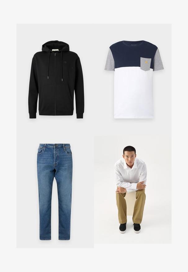 Schwarze Zip-Hoodie mit Fronttaschen, verstellbarem Kordelzug an der Kapuze und dezentem Logo auf der linken Brust vor einem schlichten weißen Hintergrund.; Herren T-Shirt mit kurzen Ärmeln, marineblauem Oberteil, weißem Unterteil, grauen Ärmeln und grauer Brusttasche mit kleinem gelbem Logo.; Blaue Denim-Jeans mit geradem Schnitt, ausgestattet mit einem Knopfverschluss, fünf Taschen und einem dezenten Verblassen des Stoffes. Keine sichtbare Markenkennzeichnung.; Junger Mann in weiß gestreiftem Hemd und khakifarbener Hose sitzt nach vorne gelehnt auf einem Hocker mit verschränkten Armen und schaut direkt geradeaus vor weißem Hintergrund.