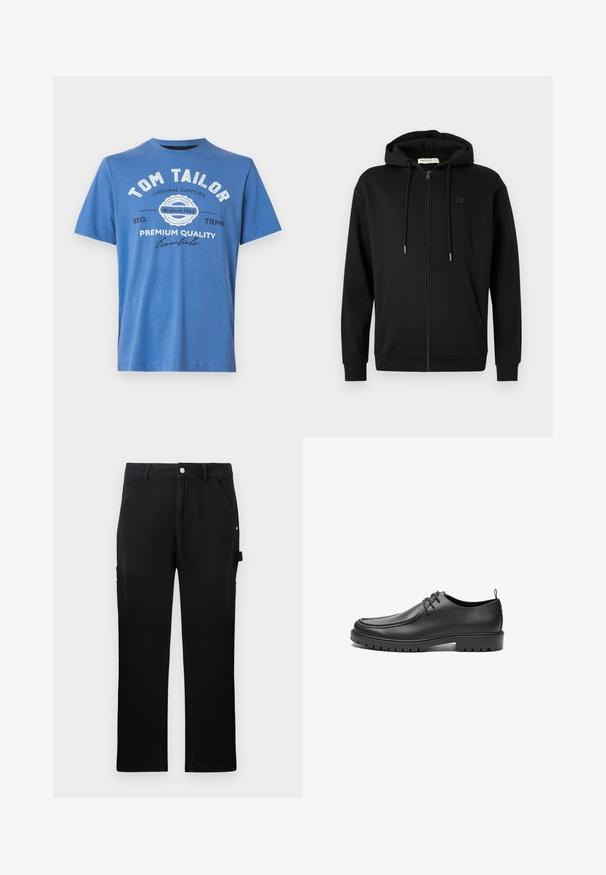 Sudadera con cremallera negra, con bolsillos frontales, capucha ajustable con cordón y un logotipo sutil en el lado izquierdo del pecho, sobre un fondo blanco liso.; Camiseta de algodón de manga corta en color azul. Presenta texto impreso con "TOM TAILOR" y logo. Cuello redondo clásico y dobladillo recto.; Pantalones de trabajo rectos negros con bolsillos frontales, cinturas, cierre de botón y lazo lateral para herramientas sobre un fondo liso.; Zapatos de cuero negro con un acabado suave, punta redondeada y costuras decorativas. Cuenta con una suela de goma con surcos para tracción y un diseño de cordones.