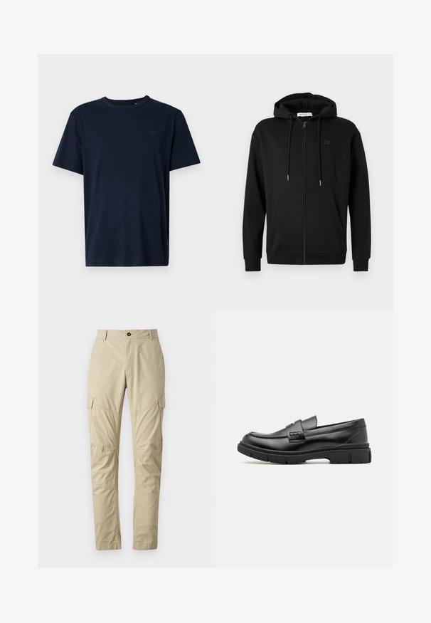 Schwarze Zip-Hoodie mit Fronttaschen, verstellbarem Kordelzug an der Kapuze und dezentem Logo auf der linken Brust vor einem schlichten weißen Hintergrund.; Marineblaue Kurzarm-T-Shirt aus weichem Stoff mit Rundhalsausschnitt, mit einem kleinen Logo und dem Jahr "1962" auf der Brust bedruckt.; Beige Cargo-Hosen aus leichtem Material, mit mehreren Taschen, einem Knopfverschluss und einem schmal zulaufenden Beinschnitt. Glatte Textur.; Schwarze Lederloafer mit einem breiten Riemen über dem Rist, Gummisohle mit dicken Profilen und glatter Textur. Klassisches, schlankes Design.