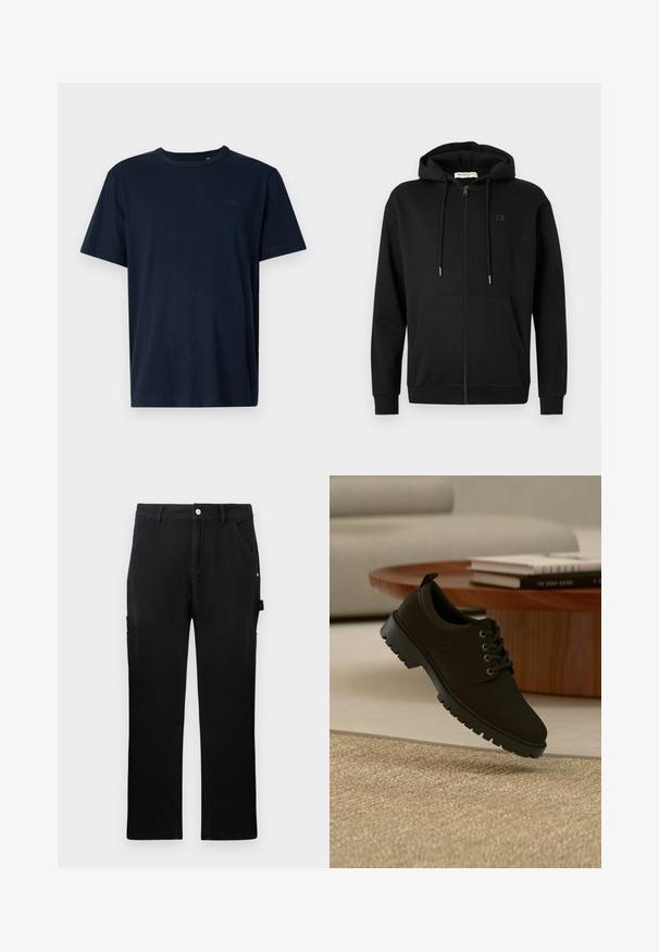 Schwarze Zip-Hoodie mit Fronttaschen, verstellbarem Kordelzug an der Kapuze und dezentem Logo auf der linken Brust vor einem schlichten weißen Hintergrund.; Marineblaue Kurzarm-T-Shirt aus weichem Stoff mit Rundhalsausschnitt, mit einem kleinen Logo und dem Jahr "1962" auf der Brust bedruckt.; Schwarze gerade Arbeits hose mit vorderen Taschen, Gürtelschlaufen, Knopfverschluss und seitlicher Werkzeugschlaufe auf einfarbigem Hintergrund.; Schwarzer Leder-Schnürschuh mit klobiger Sohle, der über einem beigen Teppich in einem minimalistischen Wohnzimmer schwebt
