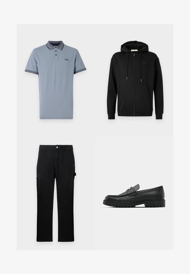 Zwarte zip-up hoodie met voorzakken, verstelbare trekkoordcapuchon en subtiel logo op de linkerkant van de borst tegen een effen witte achtergrond.; Polo shirt in lichtblauw katoen, met een contrasterende kraag met marineblauwe accenten, een placket met twee knopen en een klein logo op de borst.; Zwarte rechte werkbroek met voorzakken, riemlussen, knoopsluiting en zijgereedschapslus op een effen achtergrond.; Zwarte leren instappers met een ronde neus, voorzien van een gestikt ontwerp, een lage platformzool en een gestructureerde, grof rubberen buitenzool.