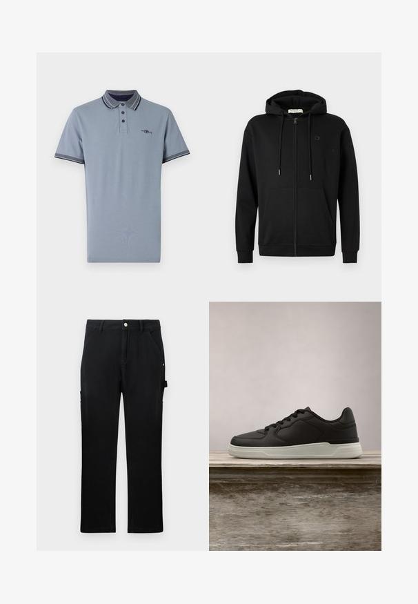 Zwarte zip-up hoodie met voorzakken, verstelbare trekkoordcapuchon en subtiel logo op de linkerkant van de borst tegen een effen witte achtergrond.; Polo shirt in lichtblauw katoen, met een contrasterende kraag met marineblauwe accenten, een placket met twee knopen en een klein logo op de borst.; Zwarte rechte werkbroek met voorzakken, riemlussen, knoopsluiting en zijgereedschapslus op een effen achtergrond.; Zwarte sneaker met witte zool zwevend boven een houten bank, groene loofbomen op de vervaagde achtergrond.