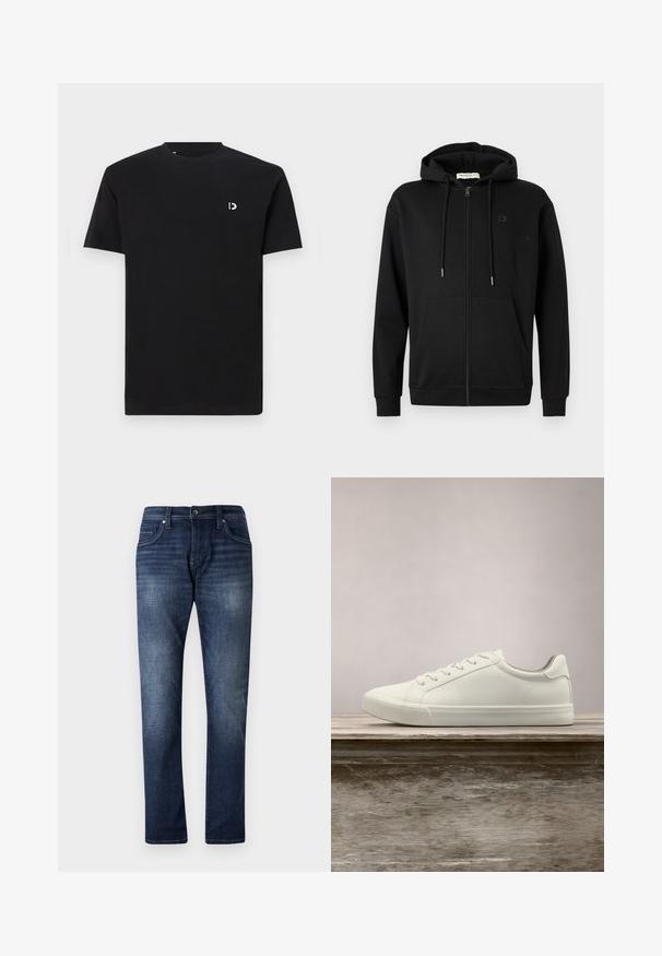 Schwarze Zip-Hoodie mit Fronttaschen, verstellbarem Kordelzug an der Kapuze und dezentem Logo auf der linken Brust vor einem schlichten weißen Hintergrund.; Schwarz Baumwoll-T-Shirt mit kurzen Ärmeln, rundem Halsausschnitt und einem kleinen weißen Logo auf der linken Brustseite. Glatte Textur, schlichtes Design.; Dunkelblaue Jeans aus Denim mit geradem Bein, versehen mit einer hellen Waschanlage, fünf Taschen und sichtbaren Nähten entlang der Nähte.; Weiße Schnürsneaker, die über einer Holzbank mit grünem Laub im Hintergrund schweben und das Schuhdesign sowie die Textur zeigen.