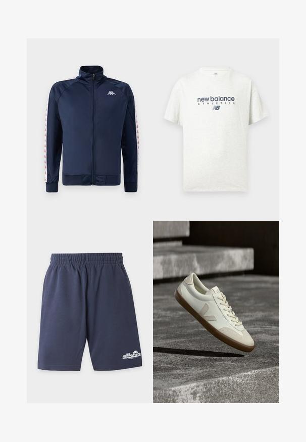 Veste de sport bleu marine avec col montant, fermeture éclair sur toute la longueur, poignets côtelés et bandes latérales blanches contrastées présentant un motif de logo répété.; T-shirt blanc à manches courtes avec col rond, imprimé au centre devant du texte "new balance ATHLETICS" et du logo "NB" en bleu foncé.; Shorts décontractés bleu marine avec taille élastique et logo Ellesse blanc en bas à gauche de la jambe.; Baskets en cuir blanc avec semelle en caoutchouc beige, lacets plats et accent en forme de V sur le côté. Présentent une surface lisse et peu de détails de couture.