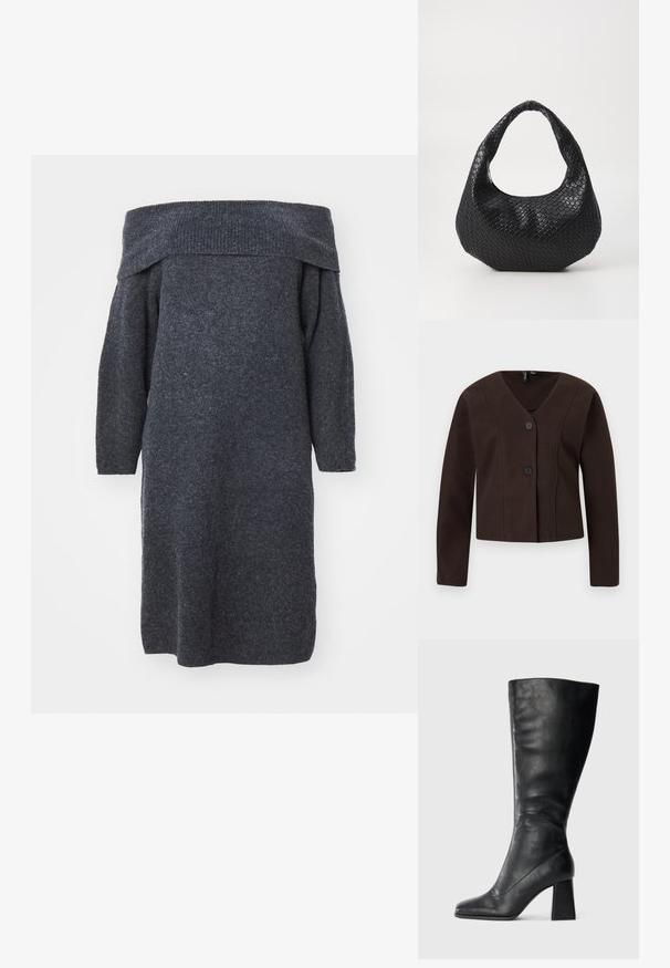 Tummanruskea lyhyt takki, jossa pitkät hihat, V-aukko ja kaksi mustaa nappia edessä, esillä vaaleaa taustaa vasten.; Tummanharmaa neulottu mekko, jossa on off-the-shoulder-malli, pitkät hihat, löysä istuvuus ja ribattu kaula-aukko, esittelee tekstuurillista kangasta.; Musta polven korkeudelle ulottuva saapas, valmistettu sileästä nahasta, jossa on neliömäinen kärki ja paksu korko. Yksinkertainen muotoilu ilman koristeluja.; Mustan kudotun käsilaukun, jossa on kaareva kahva, teksturoitu pinta ja löysä muoto. Suora viimeistely, jolla on orgaaninen siluetti.