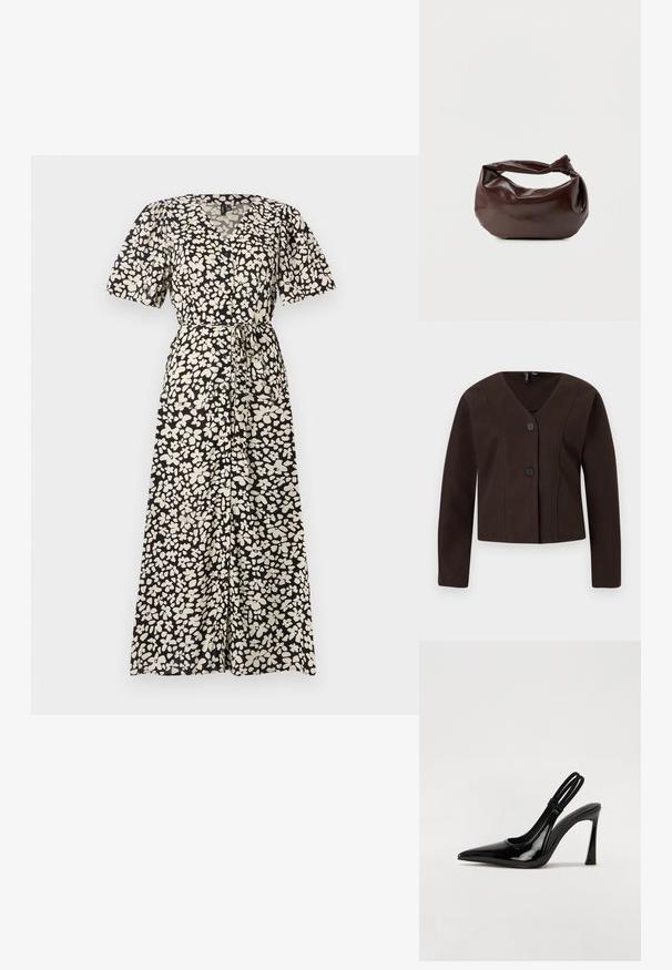 Dunkelbraune, kurze Jacke mit langen Ärmeln, V-Ausschnitt und zwei schwarzen Knöpfen vorne, vor hellem Hintergrund präsentiert.; Maxikleid in Schwarz mit einem weißen Floralmuster, ausgestattet mit kurzen Puffärmel, einem V-Ausschnitt und einem Bindegürtel in der Taille.; Schwarze Lackleder Slingback-Pumps mit spitzem Zehenbereich, schlankem hohen Absatz und doppeltem elastischen Riemen für einen sicheren Sitz. Glatte, glänzende Oberfläche.; Dunkelbraune Lederschultertasche mit weicher, lockerer Form und einem gedrehten Knotengriff vor schlichtem weißem Hintergrund.